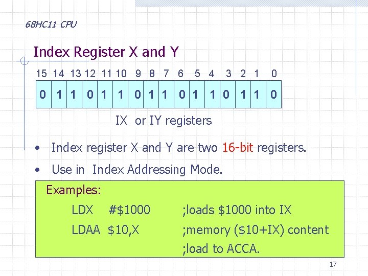 68 HC 11 CPU Index Register X and Y 15 14 13 12 11