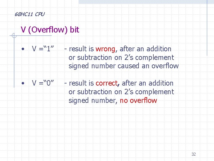 68 HC 11 CPU V (Overflow) bit • V =“ 1” - result is