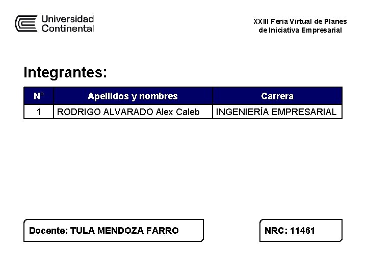 XXIII Feria Virtual de Planes de Iniciativa Empresarial Integrantes: N° 1 Apellidos y nombres XXIII Feria Virtual de Planes de Iniciativa Empresarial Integrantes: N° 1 Apellidos y nombres