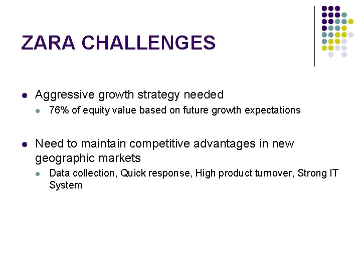 ZARA CHALLENGES l Aggressive growth strategy needed l l 76% of equity value based ZARA CHALLENGES l Aggressive growth strategy needed l l 76% of equity value based