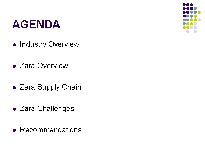 AGENDA l Industry Overview l Zara Supply Chain l Zara Challenges l Recommendations AGENDA l Industry Overview l Zara Supply Chain l Zara Challenges l Recommendations