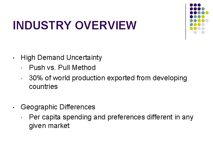 INDUSTRY OVERVIEW • High Demand Uncertainty • Push vs. Pull Method • 30% of INDUSTRY OVERVIEW • High Demand Uncertainty • Push vs. Pull Method • 30% of