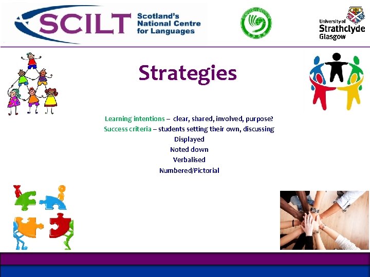 Strategies Learning intentions – clear, shared, involved, purpose? Success criteria – students setting their Strategies Learning intentions – clear, shared, involved, purpose? Success criteria – students setting their