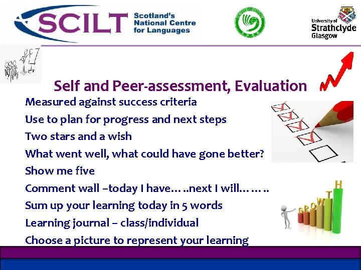 Self and Peer-assessment, Evaluation Measured against success criteria Use to plan for progress and Self and Peer-assessment, Evaluation Measured against success criteria Use to plan for progress and