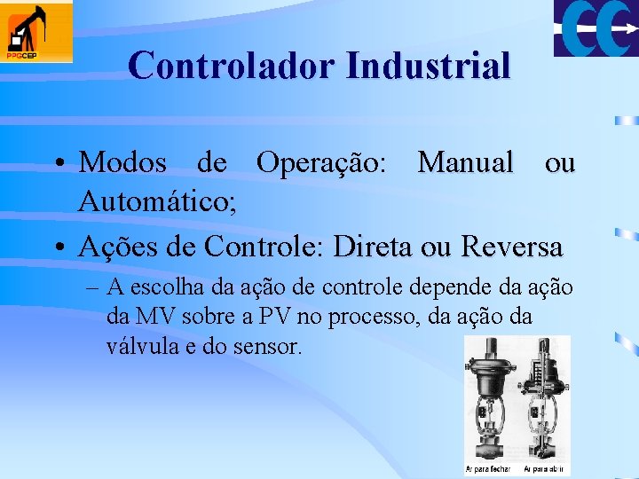 Controlador Industrial • Modos de Operação: Manual ou Automático; • Ações de Controle: Direta