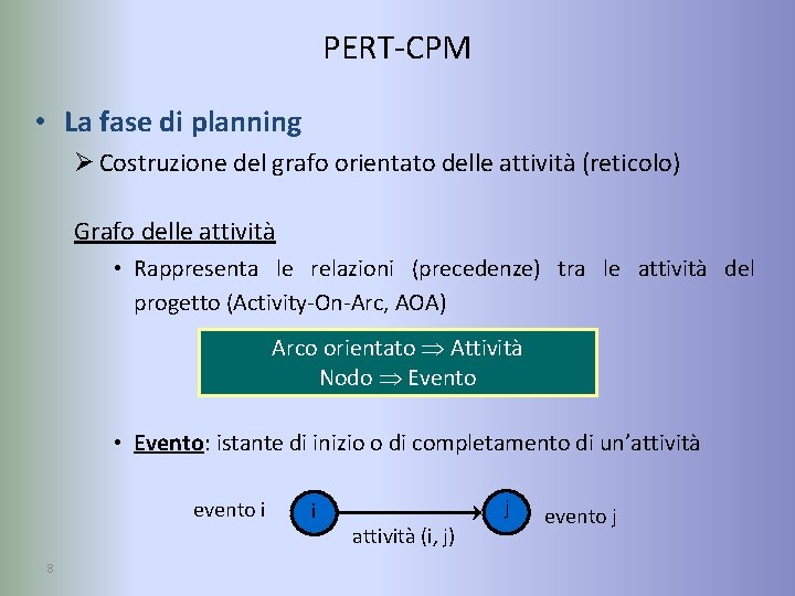 PERT-CPM • La fase di planning Ø Costruzione del grafo orientato delle attività (reticolo)