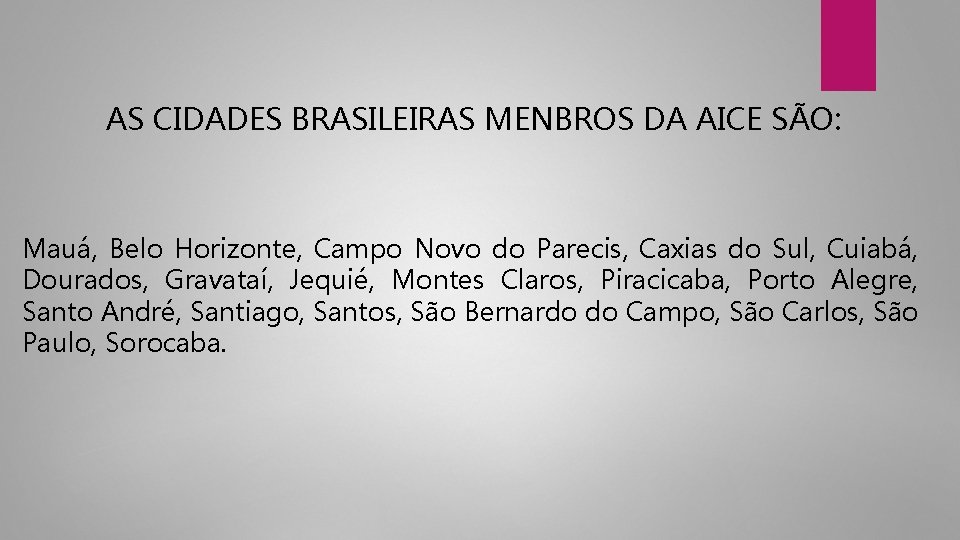 AS CIDADES BRASILEIRAS MENBROS DA AICE SÃO: Mauá, Belo Horizonte, Campo Novo do Parecis,