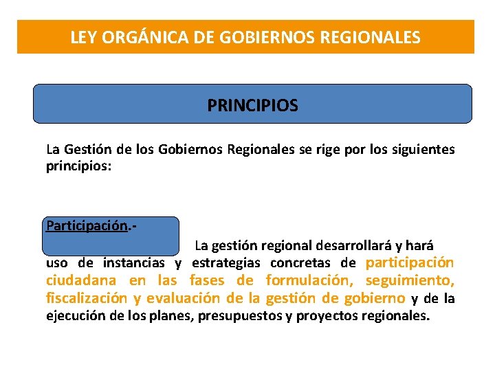 LEY ORGÁNICA DE GOBIERNOS REGIONALES PRINCIPIOS La Gestión de los Gobiernos Regionales se rige