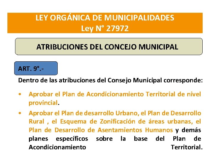 LEY ORGÁNICA DE MUNICIPALIDADES Ley N° 27972 ATRIBUCIONES DEL CONCEJO MUNICIPAL ART. 9°. Dentro LEY ORGÁNICA DE MUNICIPALIDADES Ley N° 27972 ATRIBUCIONES DEL CONCEJO MUNICIPAL ART. 9°. Dentro