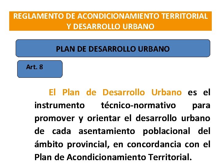 REGLAMENTO DE ACONDICIONAMIENTO TERRITORIAL Y DESARROLLO URBANO PLAN DE DESARROLLO URBANO Art. 8 El