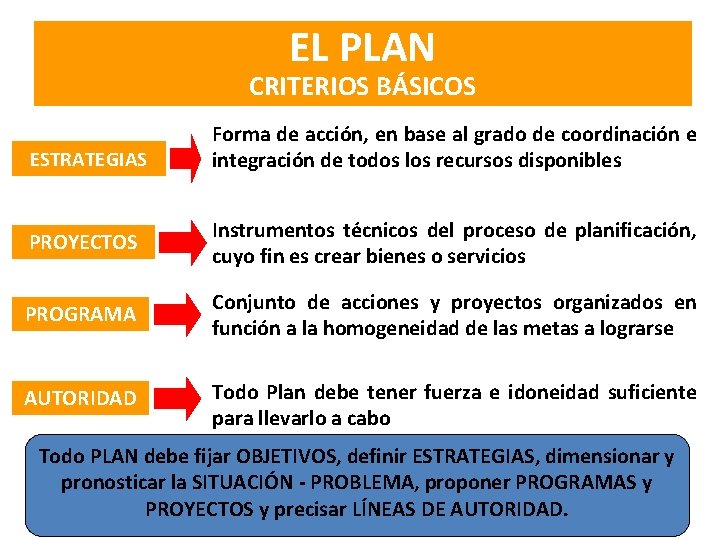 EL PLAN CRITERIOS BÁSICOS ESTRATEGIAS Forma de acción, en base al grado de coordinación