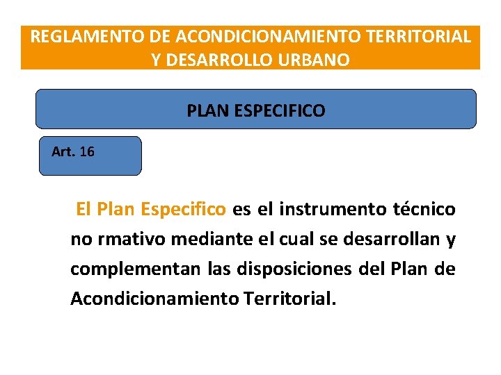 REGLAMENTO DE ACONDICIONAMIENTO TERRITORIAL Y DESARROLLO URBANO PLAN ESPECIFICO Art. 16 El Plan Especifico