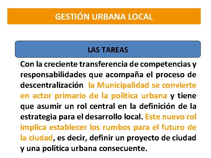 GESTIÓN URBANA LOCAL LAS TAREAS Con la creciente transferencia de competencias y responsabilidades que