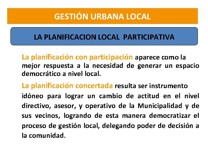 GESTIÓN URBANA LOCAL LA PLANIFICACION LOCAL PARTICIPATIVA La planificación con participación aparece como la