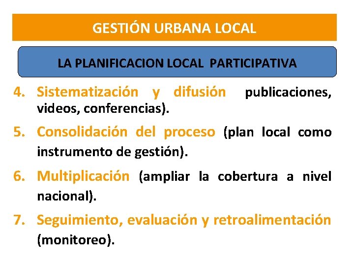 GESTIÓN URBANA LOCAL LA PLANIFICACION LOCAL PARTICIPATIVA 4. Sistematización y difusión (publicaciones, videos, conferencias).