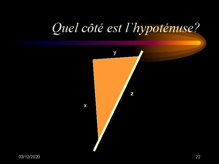 Quel côté est l`hypoténuse? y z x 03/12/2020 22 Quel côté est l`hypoténuse? y z x 03/12/2020 22