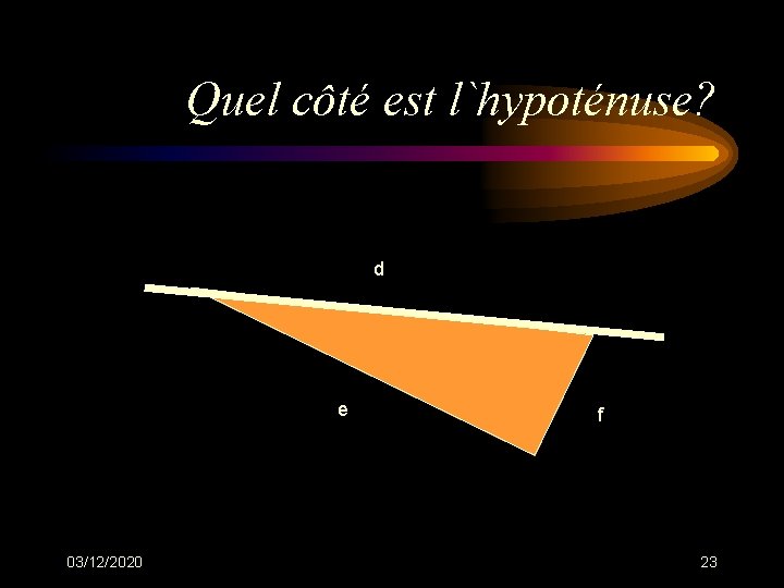 Quel côté est l`hypoténuse? d e 03/12/2020 f 23 Quel côté est l`hypoténuse? d e 03/12/2020 f 23