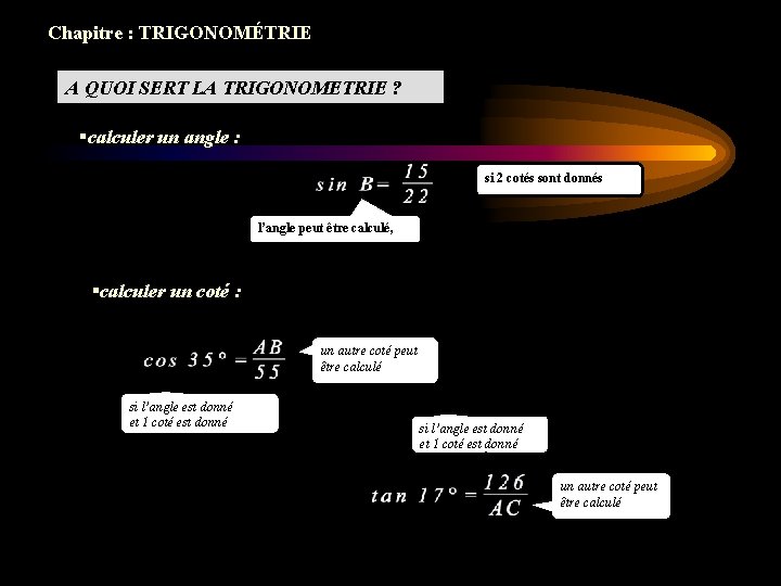 Chapitre : TRIGONOMÉTRIE A QUOI SERT LA TRIGONOMETRIE ? calculer un angle : si Chapitre : TRIGONOMÉTRIE A QUOI SERT LA TRIGONOMETRIE ? calculer un angle : si