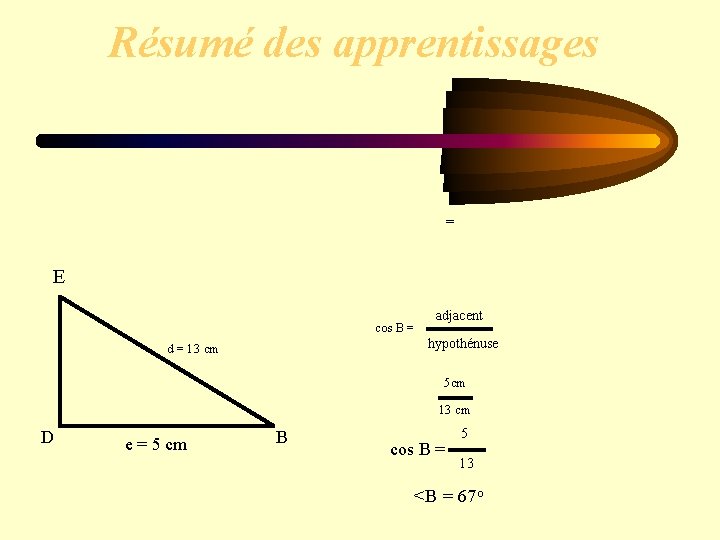 Résumé des apprentissages = E cos B = adjacent hypothénuse d = 13 cm Résumé des apprentissages = E cos B = adjacent hypothénuse d = 13 cm