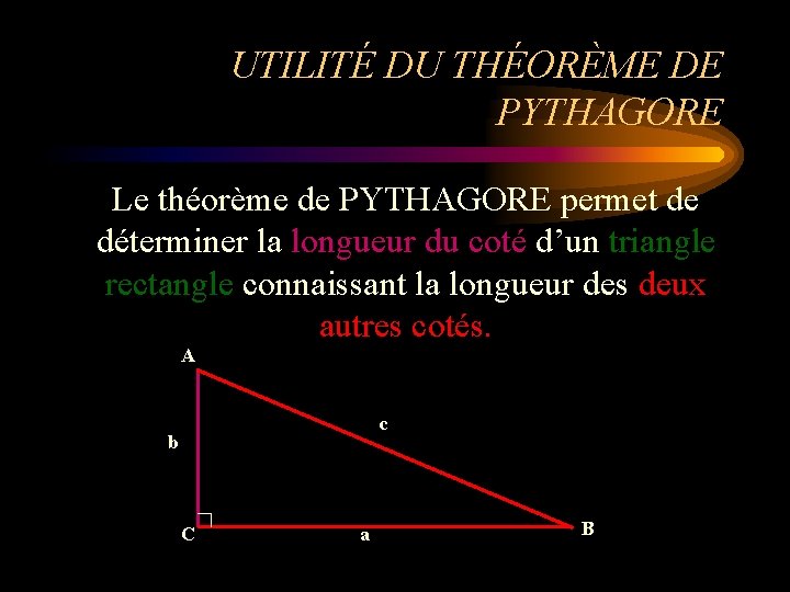 UTILITÉ DU THÉORÈME DE PYTHAGORE Le théorème de PYTHAGORE permet de déterminer la longueur UTILITÉ DU THÉORÈME DE PYTHAGORE Le théorème de PYTHAGORE permet de déterminer la longueur