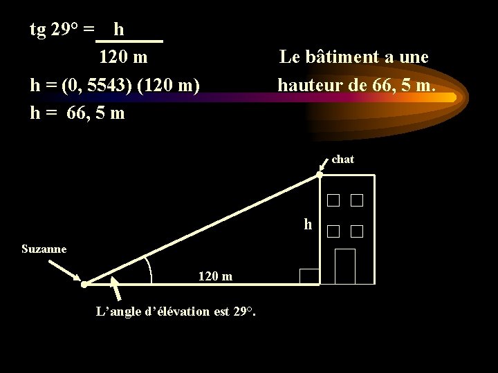 tg 29° = h 120 m h = (0, 5543) (120 m) h = tg 29° = h 120 m h = (0, 5543) (120 m) h =