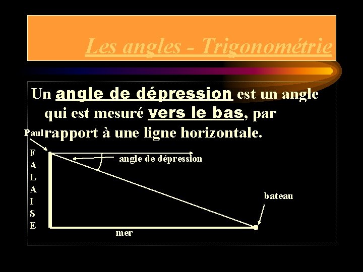 Les angles - Trigonométrie Un angle de dépression est un angle qui est mesuré Les angles - Trigonométrie Un angle de dépression est un angle qui est mesuré