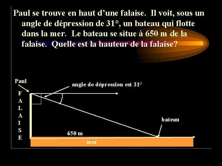 Paul se trouve en haut d’une falaise. Il voit, sous un angle de dépression Paul se trouve en haut d’une falaise. Il voit, sous un angle de dépression
