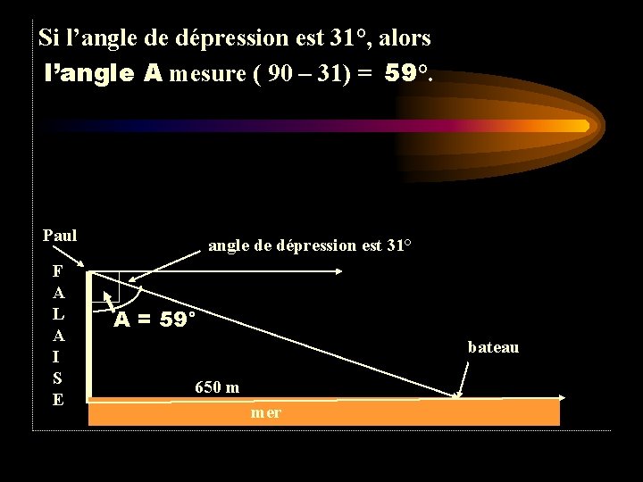 Si l’angle de dépression est 31°, alors l’angle A mesure ( 90 – 31) Si l’angle de dépression est 31°, alors l’angle A mesure ( 90 – 31)