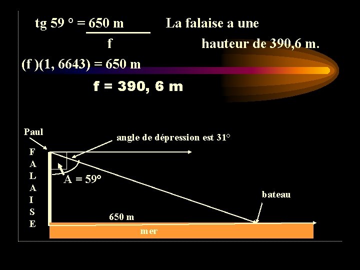 tg 59 ° = 650 m f (f )(1, 6643) = 650 m La tg 59 ° = 650 m f (f )(1, 6643) = 650 m La