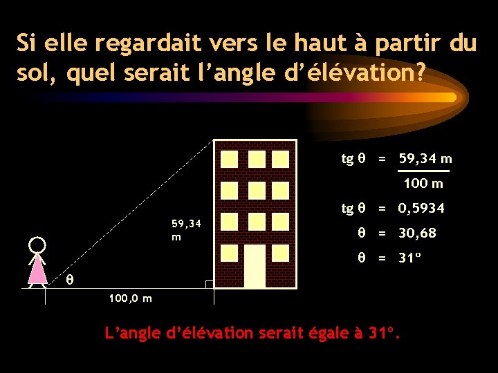 Si elle regardait vers le haut à partir du sol, quel serait l’angle d’élévation? Si elle regardait vers le haut à partir du sol, quel serait l’angle d’élévation?