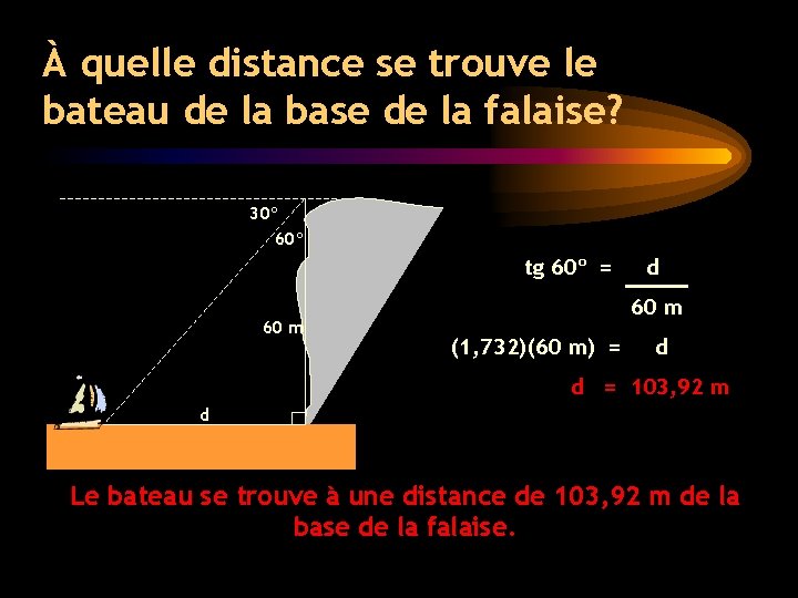 À quelle distance se trouve le bateau de la base de la falaise? 30º À quelle distance se trouve le bateau de la base de la falaise? 30º