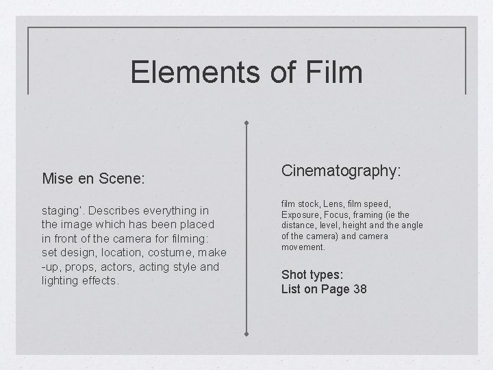 Elements of Film Mise en Scene: staging’. Describes everything in the image which has