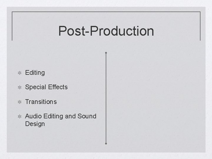 Post-Production Editing Special Effects Transitions Audio Editing and Sound Design 