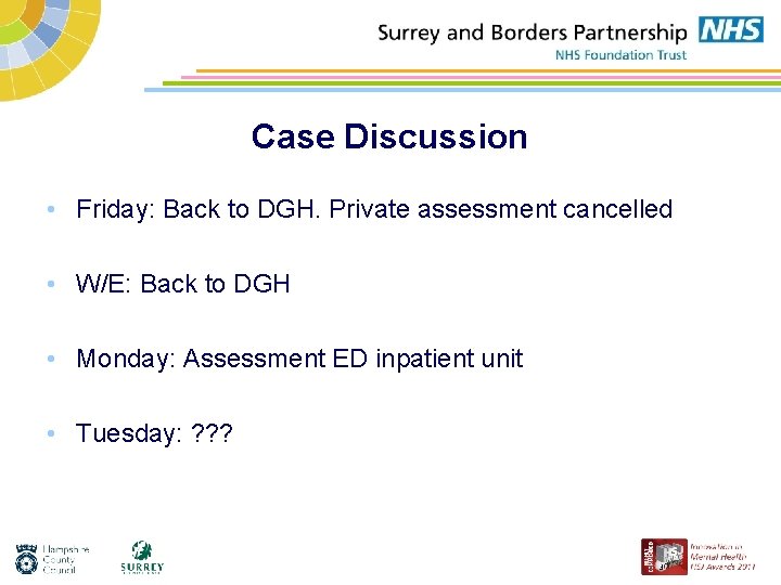Case Discussion • Friday: Back to DGH. Private assessment cancelled • W/E: Back to