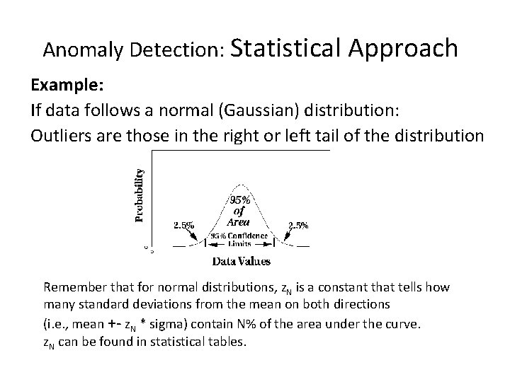 Anomaly Detection: Statistical Approach Example: If data follows a normal (Gaussian) distribution: Outliers are