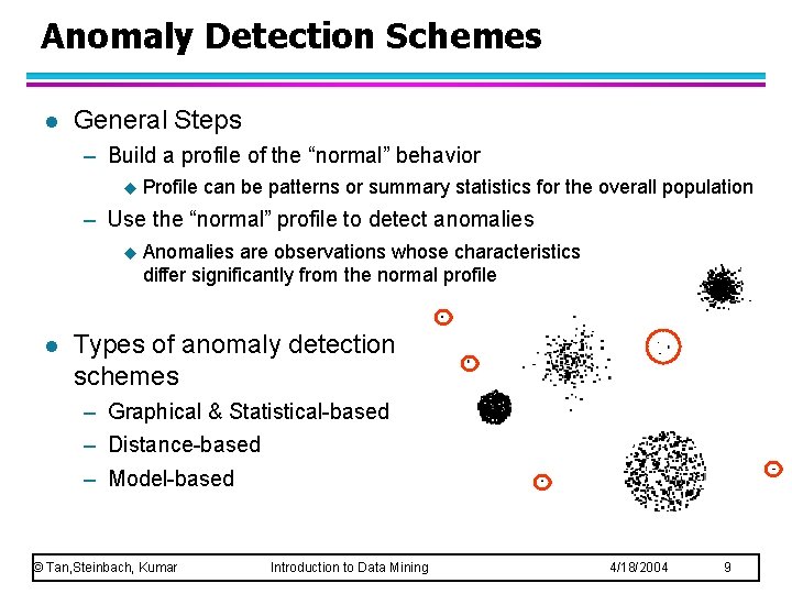 Anomaly Detection Schemes l General Steps – Build a profile of the “normal” behavior