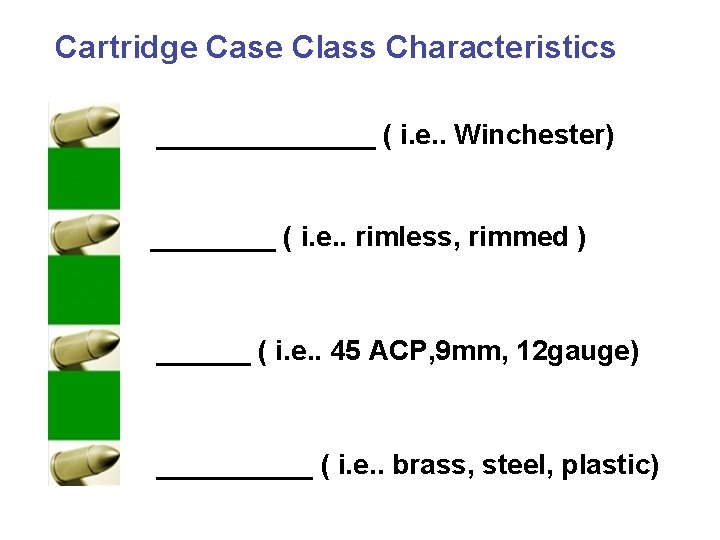 Cartridge Case Class Characteristics _______ ( i. e. . Winchester) ____ ( i. e.