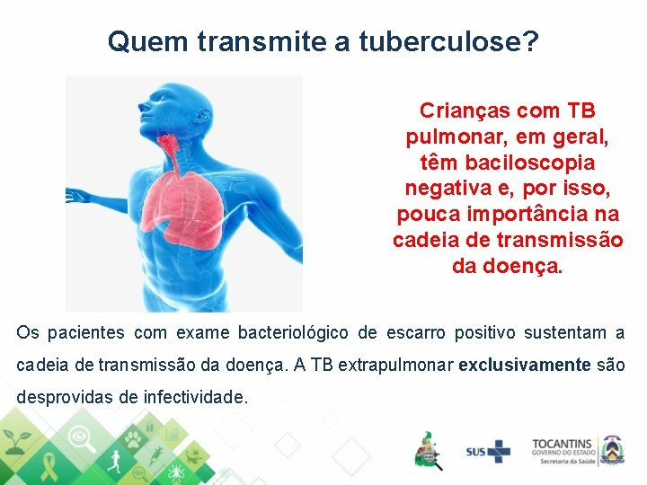 Quem transmite a tuberculose? Crianças com TB pulmonar, em geral, têm baciloscopia negativa e,