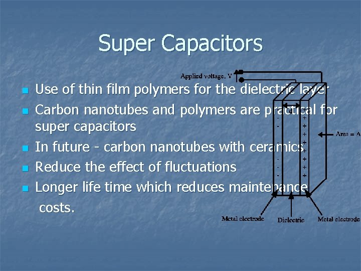 Super Capacitors Use of thin film polymers for the dielectric layer n Carbon nanotubes