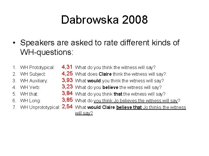 Dabrowska 2008 • Speakers are asked to rate different kinds of WH-questions: 1. 2.