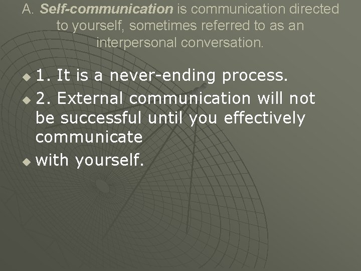 A. Self-communication is communication directed to yourself, sometimes referred to as an interpersonal conversation. A. Self-communication is communication directed to yourself, sometimes referred to as an interpersonal conversation.