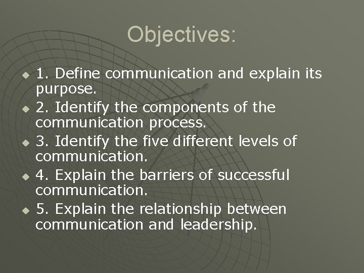 Objectives: u u u 1. Define communication and explain its purpose. 2. Identify the Objectives: u u u 1. Define communication and explain its purpose. 2. Identify the