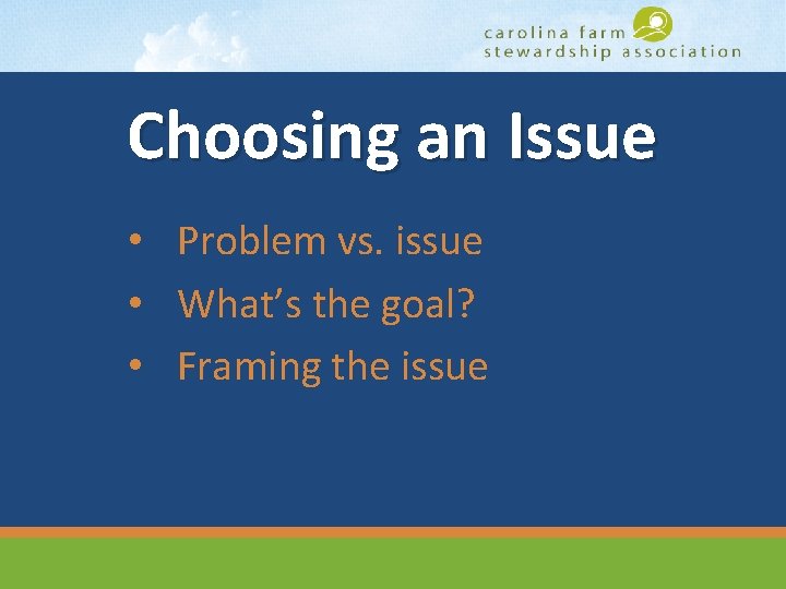 Choosing an Issue • Problem vs. issue • What’s the goal? • Framing the