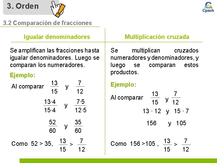 3. Orden 3. 2 Comparación de fracciones Igualar denominadores Se amplifican las fracciones hasta