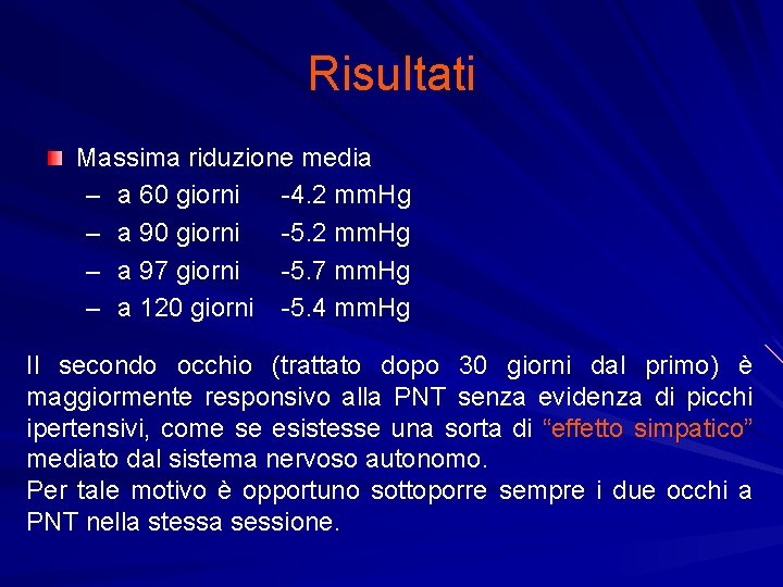 Risultati Massima riduzione media – a 60 giorni -4. 2 mm. Hg – a