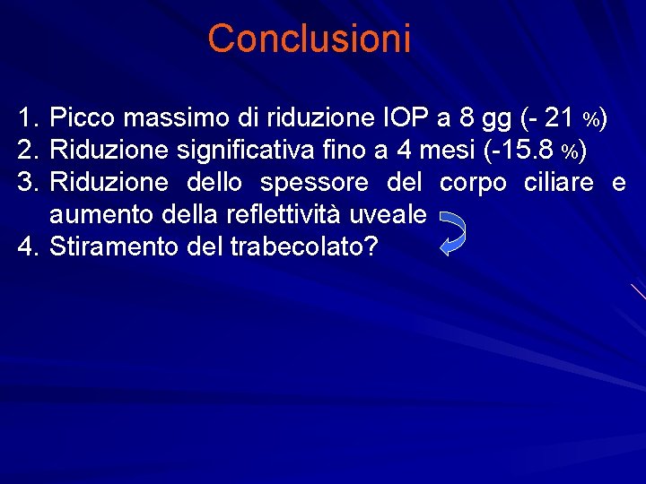 Conclusioni 1. Picco massimo di riduzione IOP a 8 gg (- 21 %) 2.