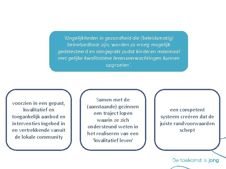 ‘Ongelijkheden in gezondheid die (beleidsmatig) beïnvloedbaar zijn, worden zo vroeg mogelijk gedetecteerd en aangepakt ‘Ongelijkheden in gezondheid die (beleidsmatig) beïnvloedbaar zijn, worden zo vroeg mogelijk gedetecteerd en aangepakt