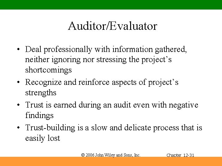 Auditor/Evaluator • Deal professionally with information gathered, neither ignoring nor stressing the project’s shortcomings