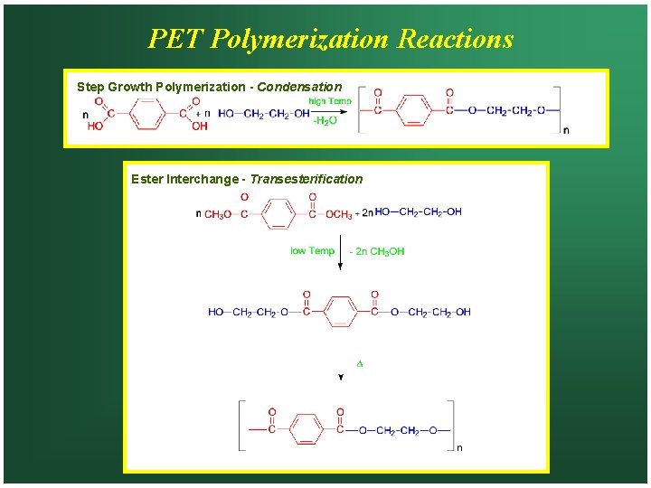 PET Polymerization Reactions Step Growth Polymerization - Condensation Ester Interchange - Transesterification 