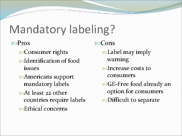 Mandatory labeling? Pros Consumer rights Identification of food issues Americans support mandatory labels At